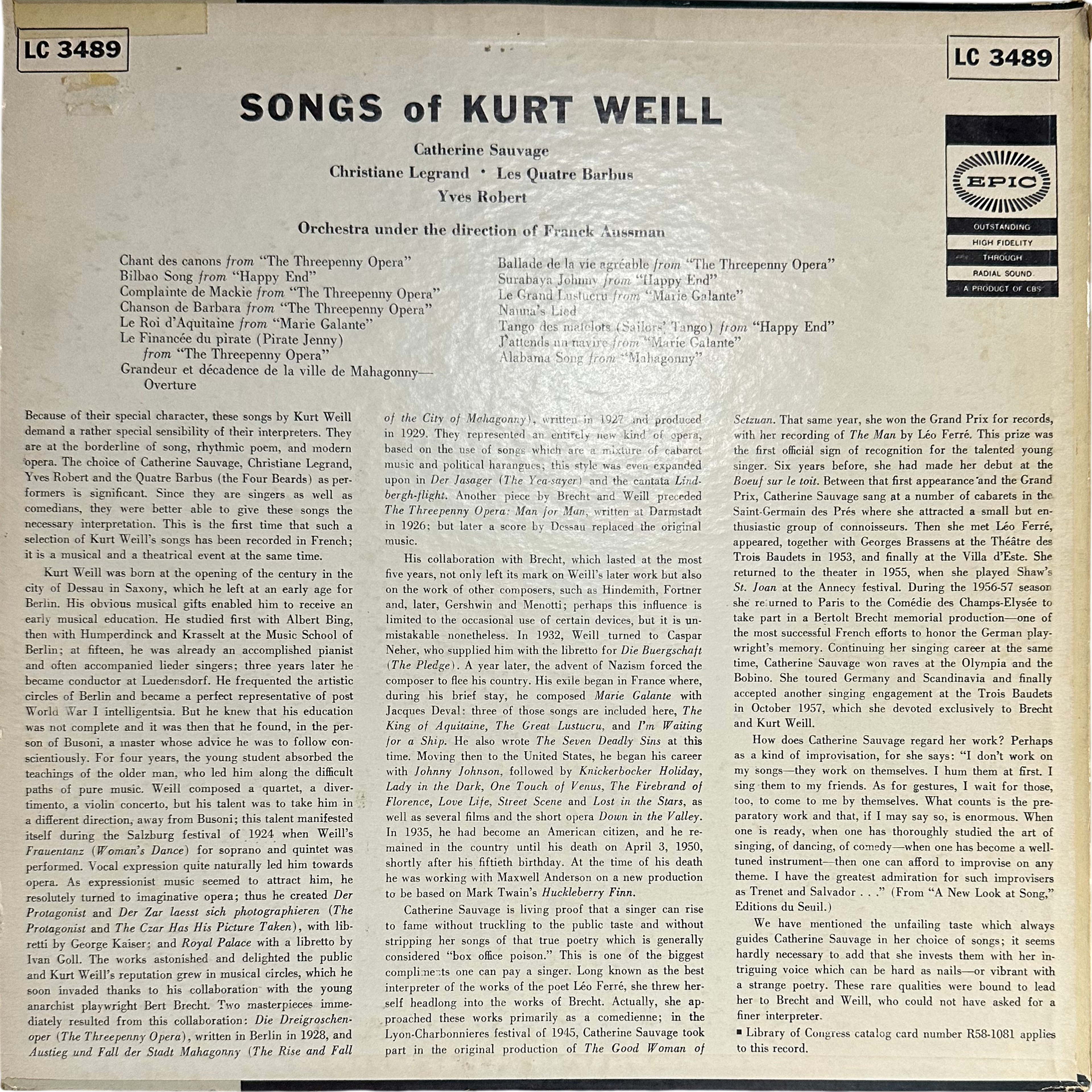 Catherine Sauvage,Christiane Legrand,Les Quatre Barbus,Yves Robert (2) — Songs Of Kurt Weill 2